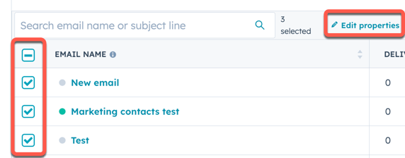 A screenshot of the email table with the 'Edit properties' button highlighted. The button is located at the top of the table after selecting one or more emails, and it allows users to edit custom email properties in bulk.