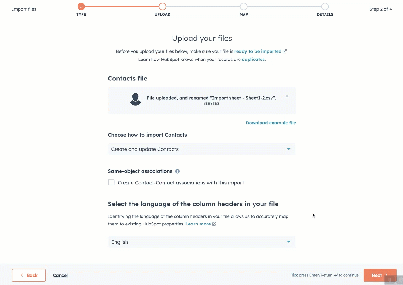 GIF image showing the HubSpot import screen. The user has columns with disallowed special characters. The user finishes the import with those values being removed, resulting in a legible first name value.