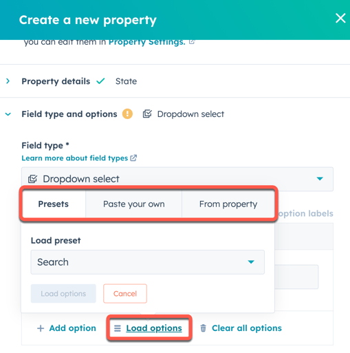 A screenshot of the 'Load options' panel with the 'Presets' tab selected. The 'Presets' tab is circled in orange and allows users to choose from preset values such as country, importance, and time zone. Below are dropdown menus to select the value to load.