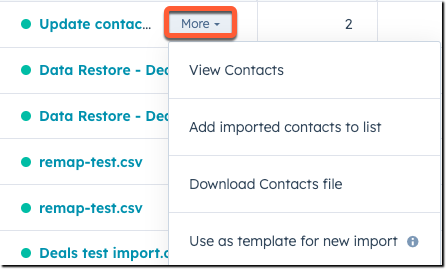 A HubSpot import history screen with a 'More' dropdown menu open.