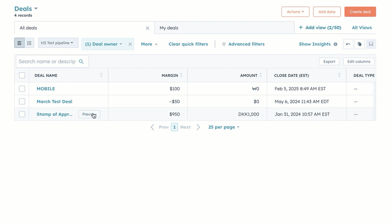 GIF of table view for deals. The user hovers over a deal revealing a preview button. They click it to open a right panel with details such as approval status.