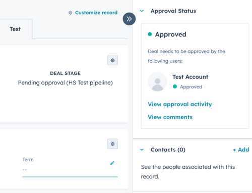 A HubSpot deal record for 'Test'. On the right, the 'Approval Status' section shows the deal is 'Approved' by 'Test Account'. Also visible are a 'Deal Stage' card and an empty 'Contacts' section.