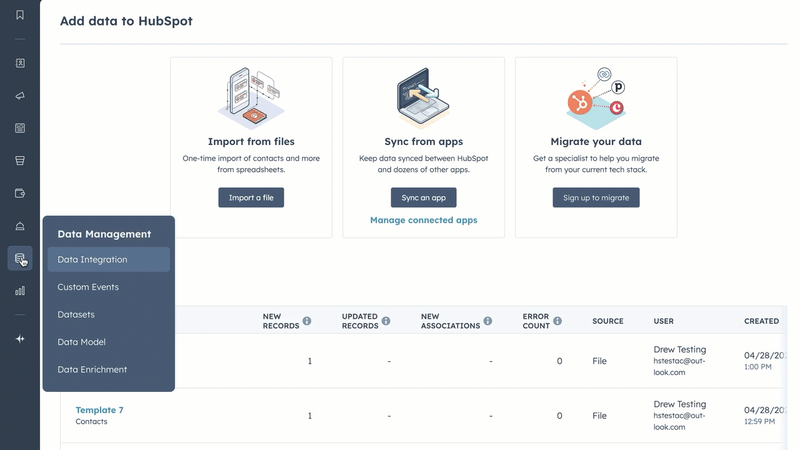 GIF image displaying the import screen in HubSpot. The user selects a past import template.