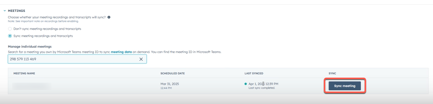 screenshot of how to sync individual Microsoft Teams meeting to HubSpot