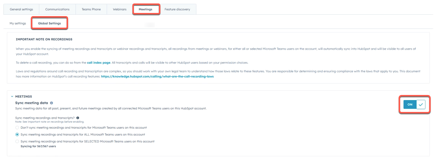 screenshot showing global Microsoft Teams meeting sync settings in HubSpot