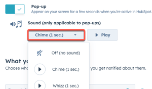 screenshot showing pop-up notification sound settings in HubSpot