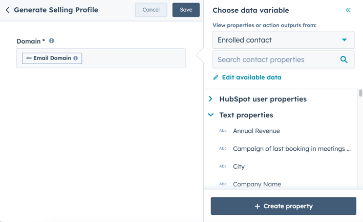 set up generate selling profile action