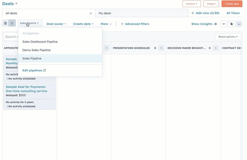 a deal pipeline is displayed. The user selects a button in the upper right to 'show insights'.