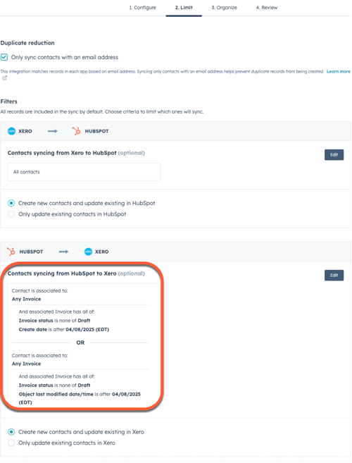 Image of HubSpot to Xero contact sync filters.