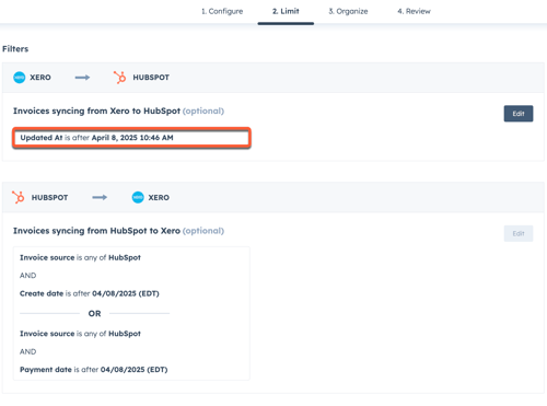 Image of HubSpot to Xero invoice sync filters.