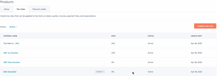 Image of Xero tax rates settings within HubSpot.