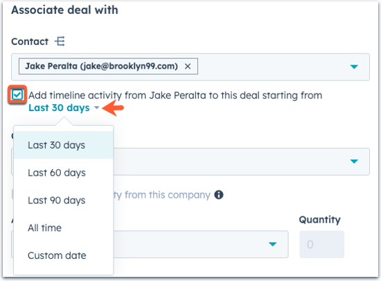A panel is displayed showing "associate deal with" and options for a contact, timeline activity ranging from last 30 days to all time.