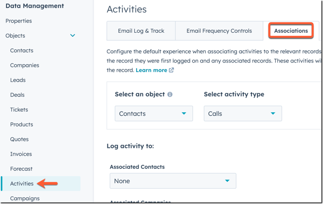activity association settings. An arrow points to activities in the left sidebar and a border highlights the associations tab on the right.
