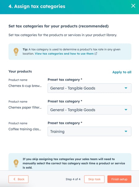 Assigning tax categories to products in HubSpot product library.
