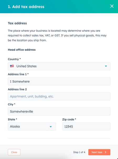 Dialog box to add business tax address in HubSpot.