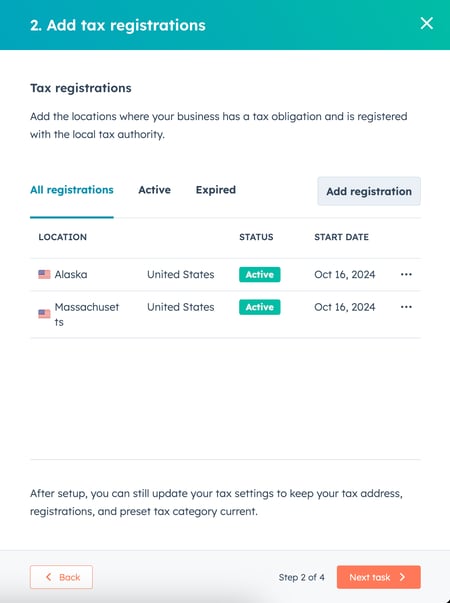HubSpot interface showing a list of added tax registrations.