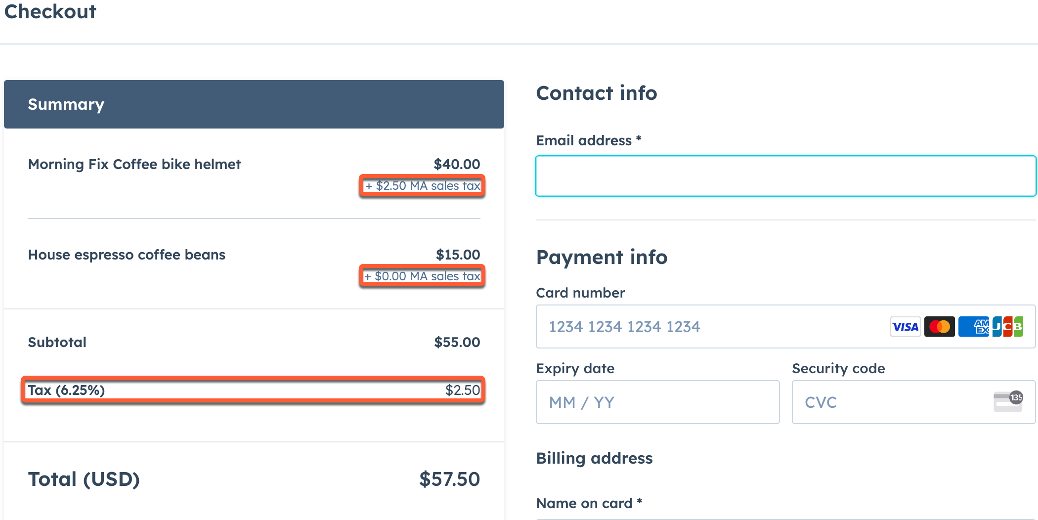 HubSpot checkout page displaying line items with tax amounts and total due.