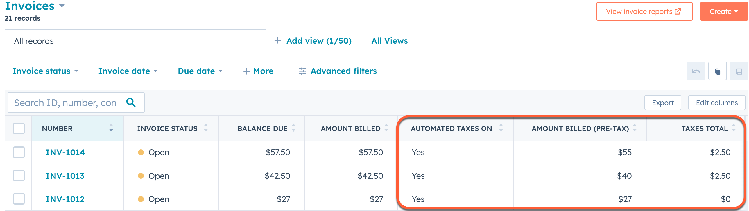 HubSpot invoice index page showing columns for 'Amount billed (pre-tax)', 'Taxes total', and 'Automated taxes on'.