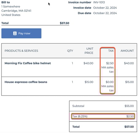 Preview of a HubSpot invoice showing automated tax applied to line items.
