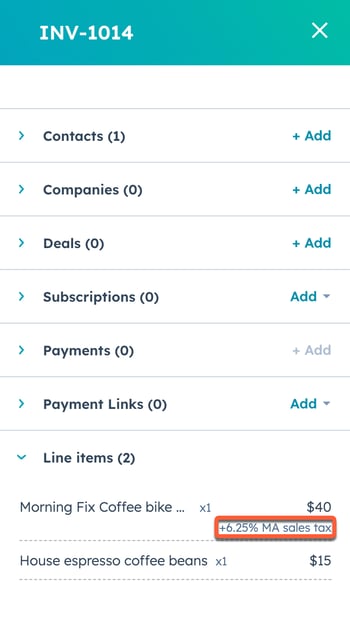 Invoice line item details in HubSpot showing associated tax information.