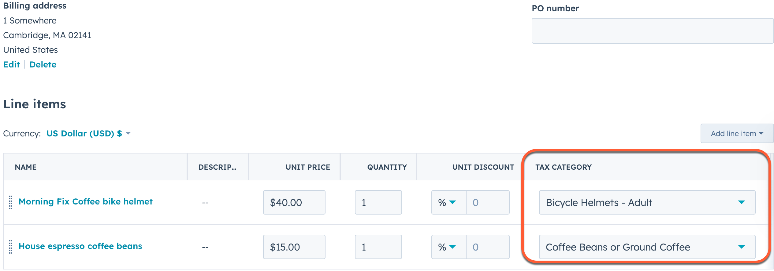 Selecting tax category for line items in HubSpot invoice creation.