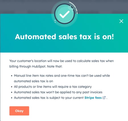Confirmation message: 'Automated tax is on' in HubSpot.