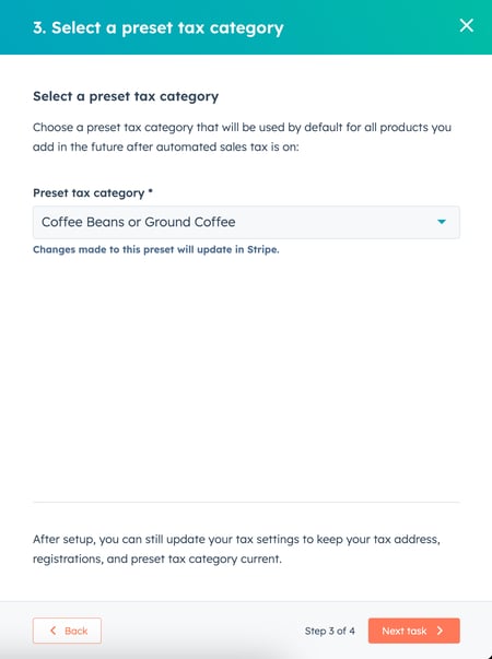 Selecting a preset tax category from a dropdown menu in HubSpot.