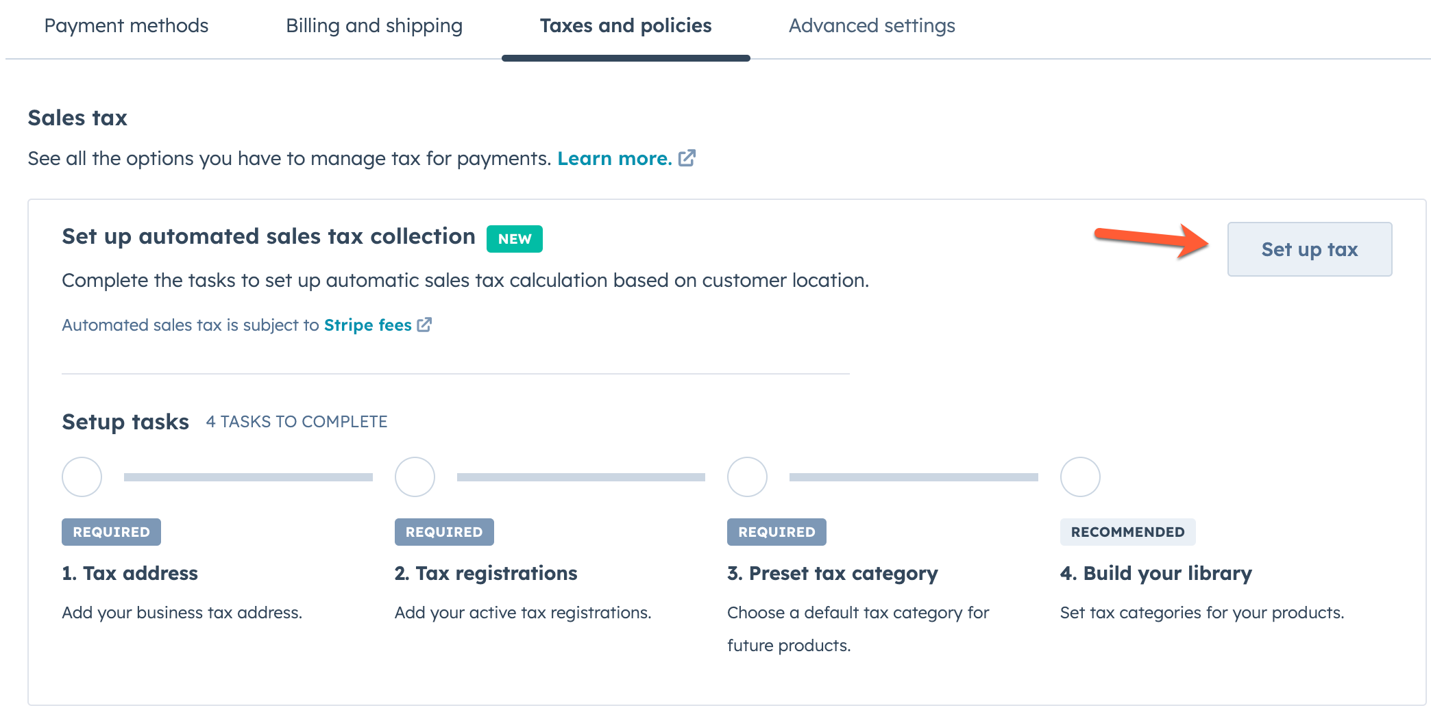 HubSpot payments settings with 'Set up tax' button highlighted.