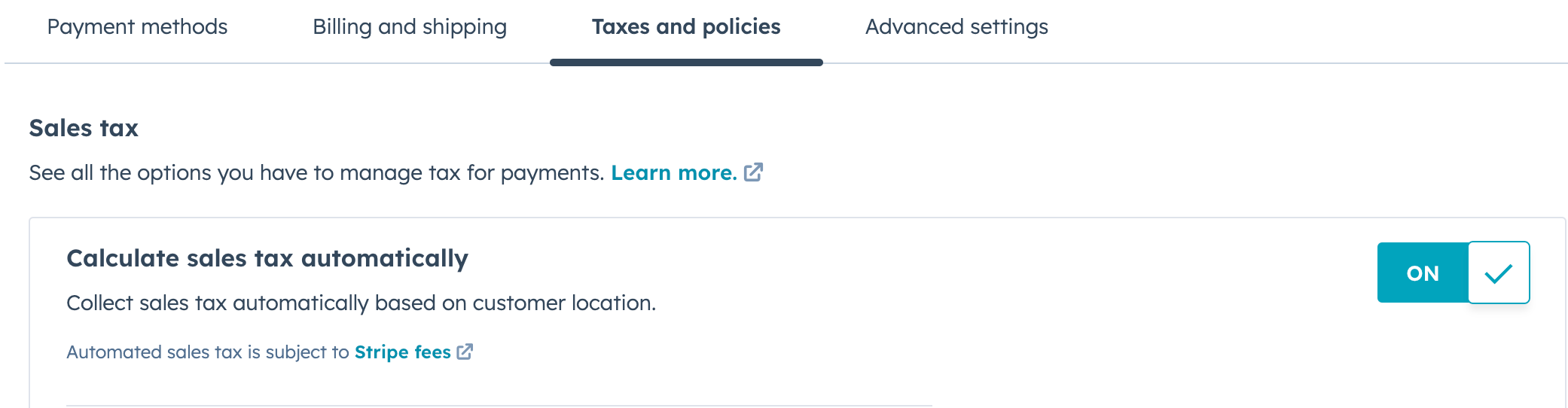 Toggling on 'Calculate sales tax automatically' switch in HubSpot payment settings.