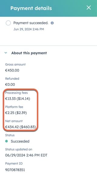 HubSpot payment details for a Stripe multi-currency transaction, showing amounts in Euros and US Dollars.