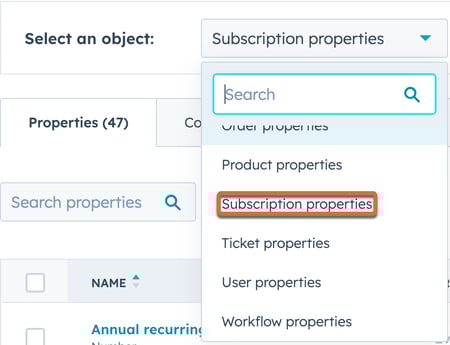 HubSpot settings interface showing 'Subscription properties' selected from the 'Select an object' dropdown menu.
