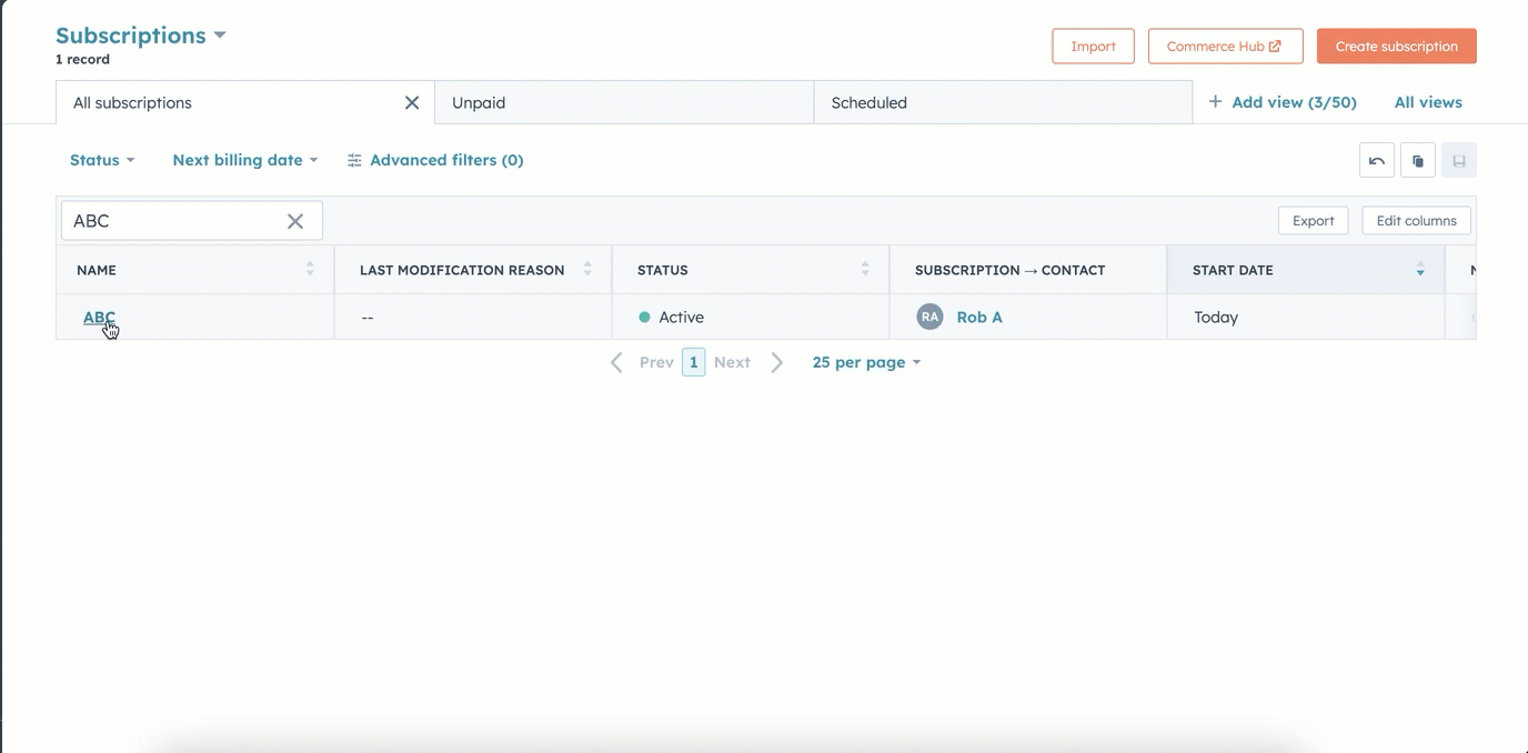 Animated GIF showing how to associate a HubSpot subscription with another object, such as a contact or company, by clicking 'Add' in the right panel.