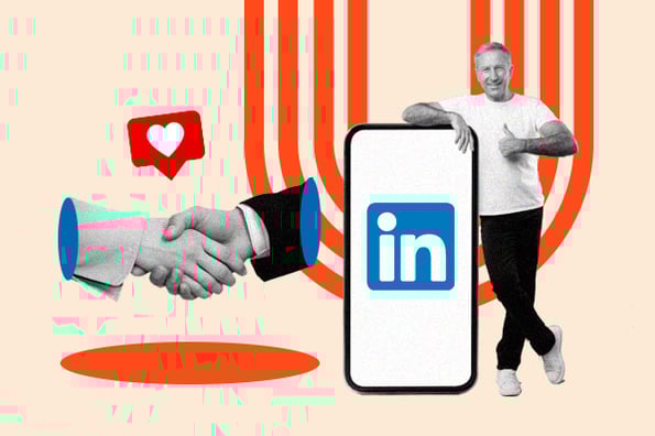 export linkedin contacts: person standing near linkedin logo while two people shake hands