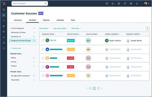 View of the HubSpot customer success workspace showing the portfolio view with customers' health status and more