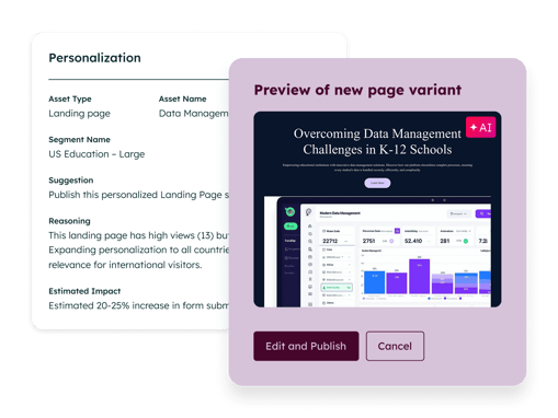 Shows a HubSpot user using AI to personalize a web page based on one of the user's audience segments.