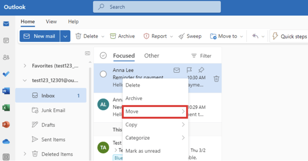 Moving Outlook emails into folders manually: Step 1.