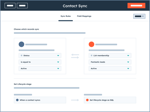 HubSpot UI showing the contact sync feature and the ability to set up sync rules and lifecycle stages for contact records