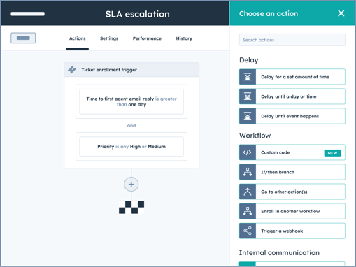 HubSpot UI showing programmable automation feature with multiple workflow actions