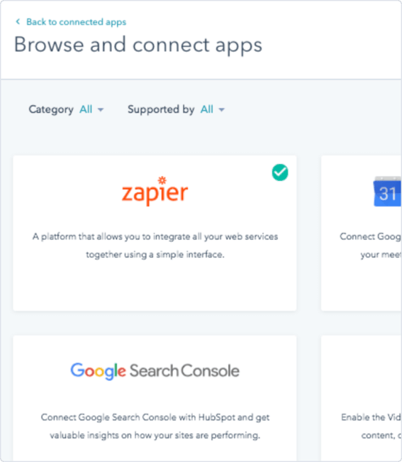 Screenshot of available apps like Zapier, Google Search Console, and Google Calendar in the HubSpot App Marketplace