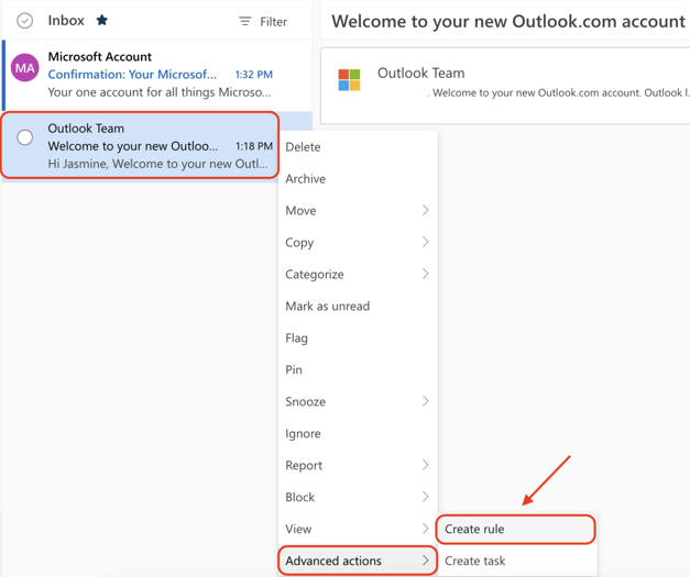 Screenshot of Microsoft Outlook email inbox with a message highlighted, showing the menu and highlights on “Advanced actions” and “Create rule.”