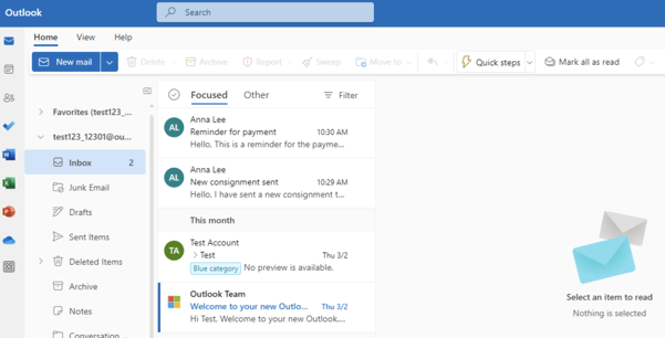 Outlook email interface. 