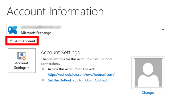 Clicking File and Add Account to set up Gmail in Outlook