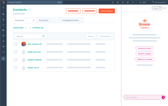 HubSpot CRM showing Breeze Copilot sidebar interface
