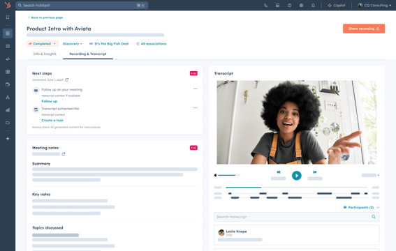 SUI of sales hub's ai meeting assistant