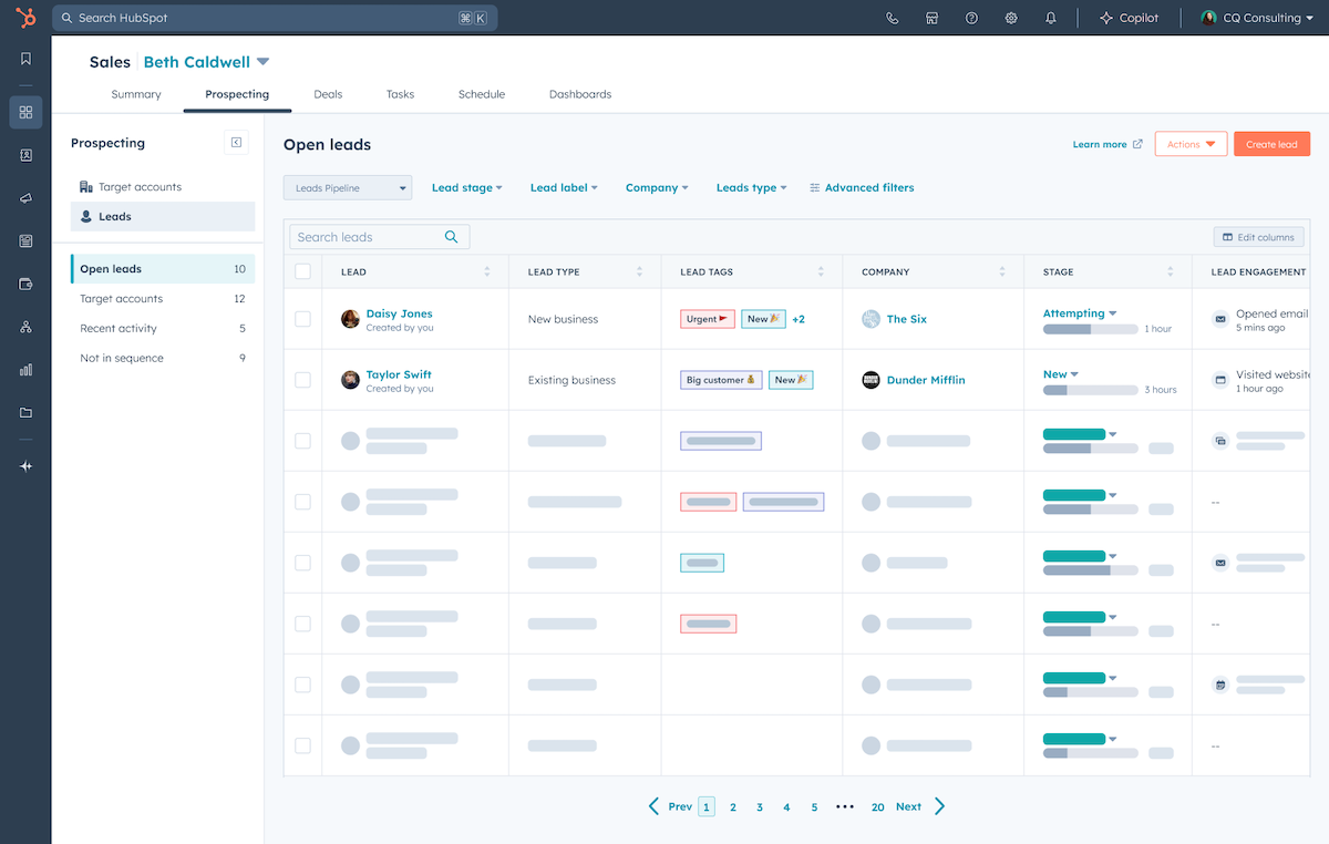 simplified user interface of sales hub's sales workspace leads tab
