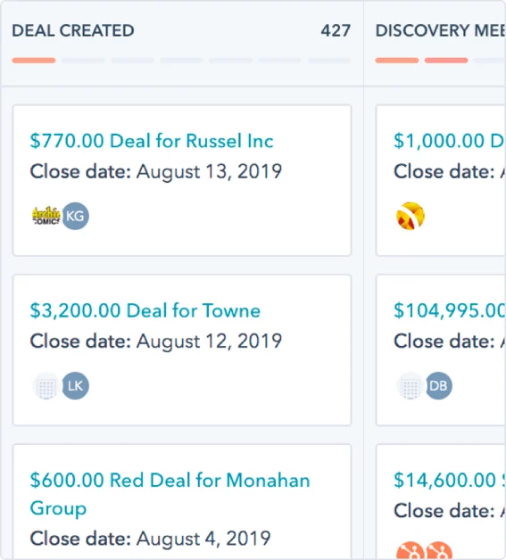 HubSpot UI showing a user's deal pipeline 