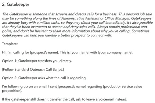 sales script for cold call where you have to navigate a conversation with a gatekeeper