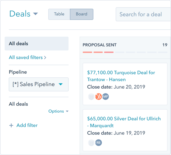 HubSpot UI showing sales pipeline in a user's deals board