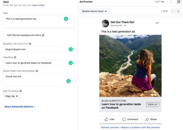 Facebook Lead Ads copy
