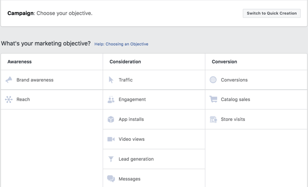 Facebook Lead Ads select your campaign objective